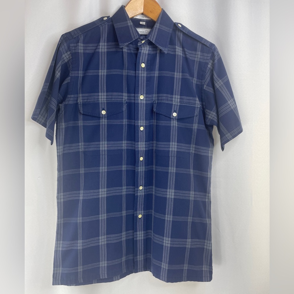 Vintage Christian Dior Button‎ Up Blue Shirt Pockets Size Small